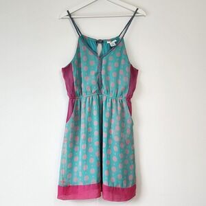 ESLEY Turquoise Pink Dress Womens Medium‎ Side Pockets Summer Fun Stretch Waist